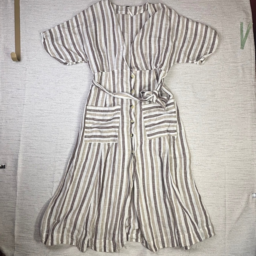 Free People Striped Button Front Midi Dress Brown Tan Linen Blend Large Flawed